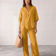 Conjunto de lino con mangas murciélago y pantalón ancho