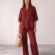 Conjunto de lino con mangas murciélago y pantalón ancho