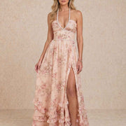 Vestido largo con escote halter y abertura