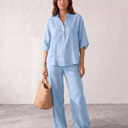 Conjunto de lino con mangas murciélago y pantalón ancho