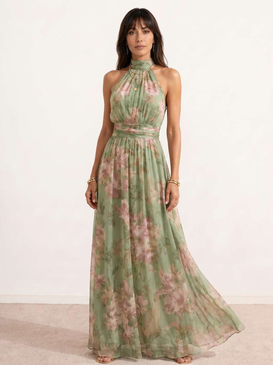Vestido largo con cuello halter y estampado floral