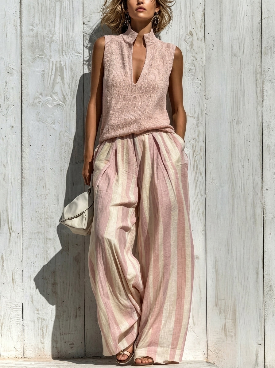 Sofía | Conjunto Elegante en Tejido Fluido: Top y Pantalones Palazzo a Rayas