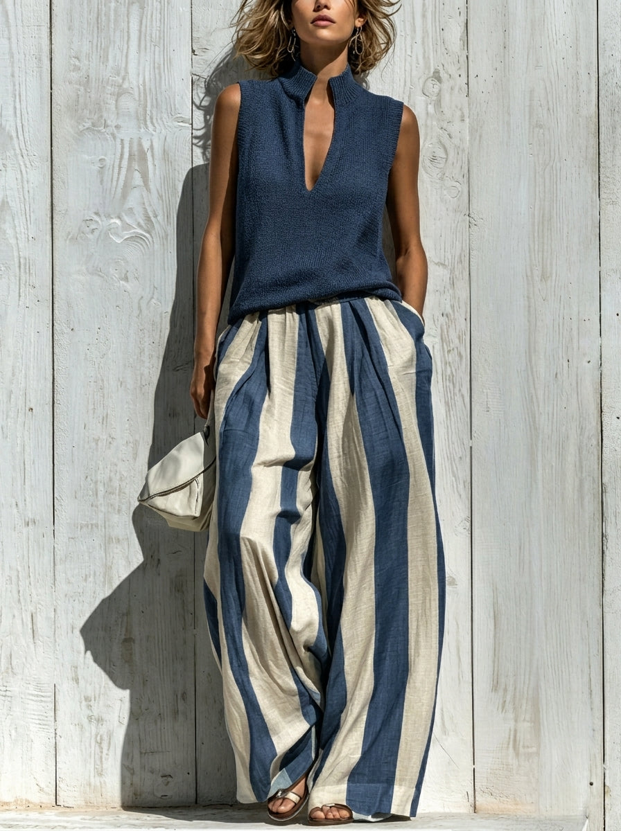 Sofía | Conjunto Elegante en Tejido Fluido: Top y Pantalones Palazzo a Rayas