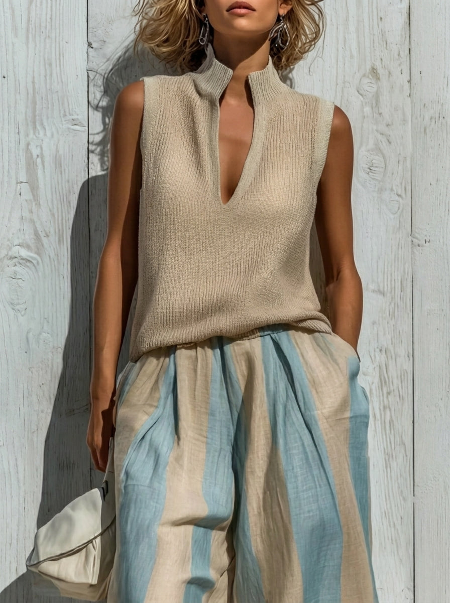 Sofía | Conjunto Elegante en Tejido Fluido: Top y Pantalones Palazzo a Rayas