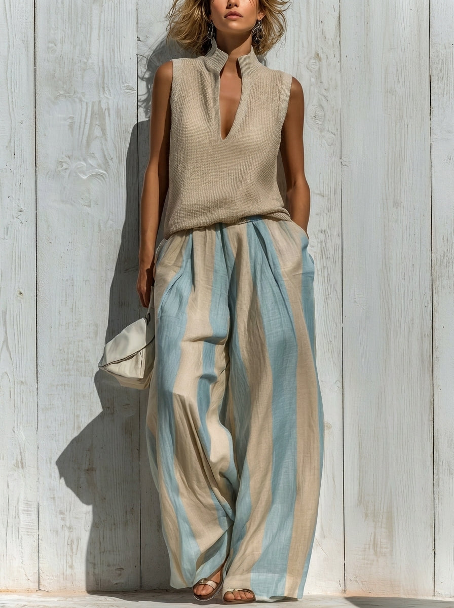 Sofía | Conjunto Elegante en Tejido Fluido: Top y Pantalones Palazzo a Rayas