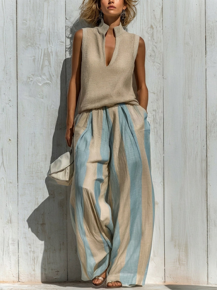 Sofía | Conjunto Elegante en Tejido Fluido: Top y Pantalones Palazzo a Rayas