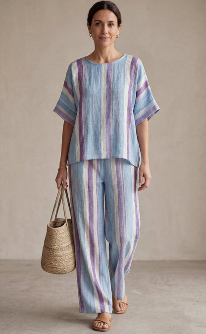 Ginevra — Top elegante en tono malva pastel y pantalones de lino a rayas
