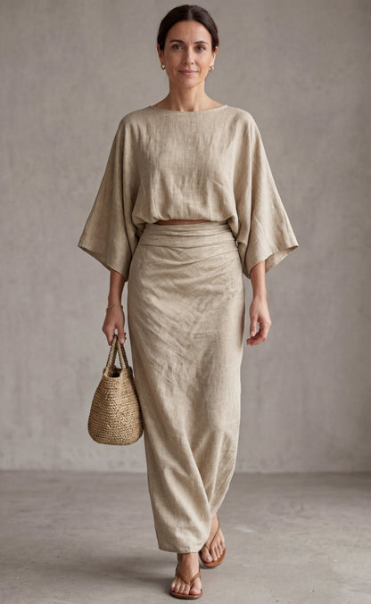 Conjunto de lino elegante con falda larga