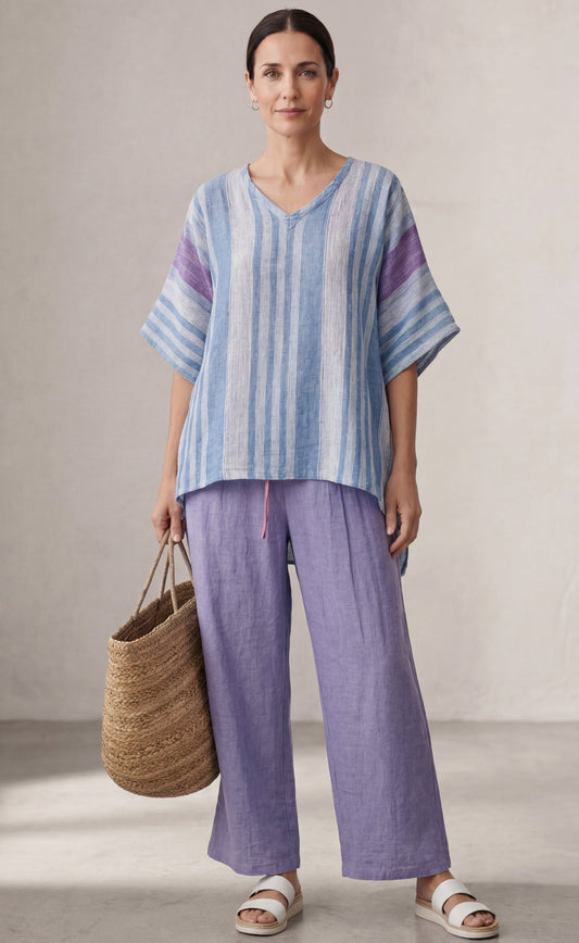Carlotta – Top elegante en lavanda y azul cielo con pantalón de lino