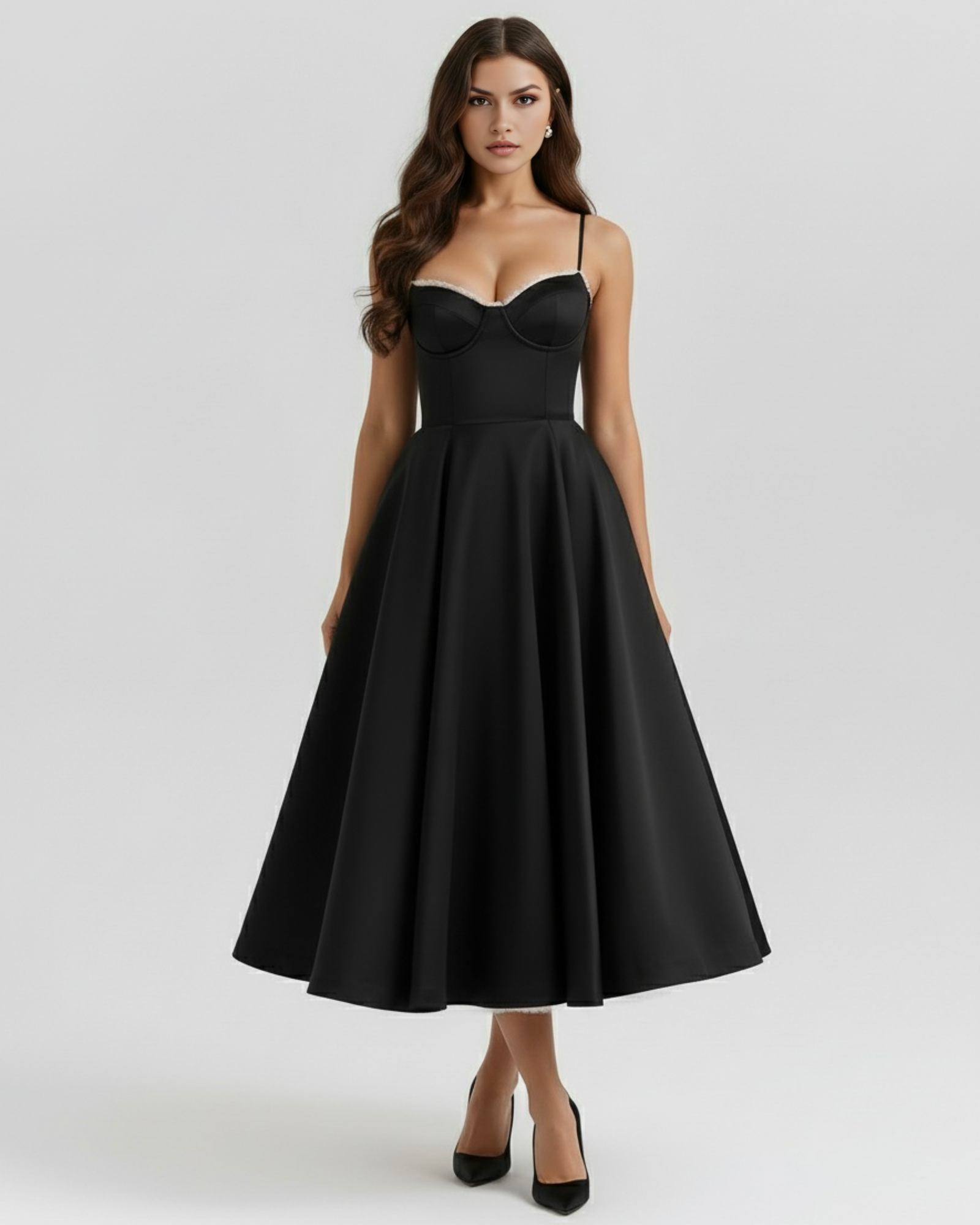 Vestido midi con corsé y falda amplia