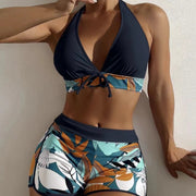 Bikini con short de tiro medio y top halter
