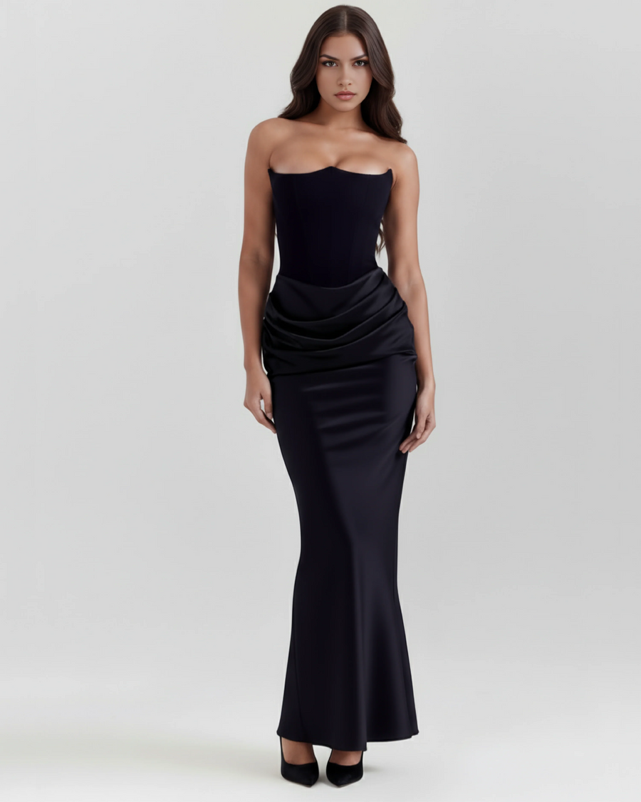 Vestido largo satinado con escote palabra de honor