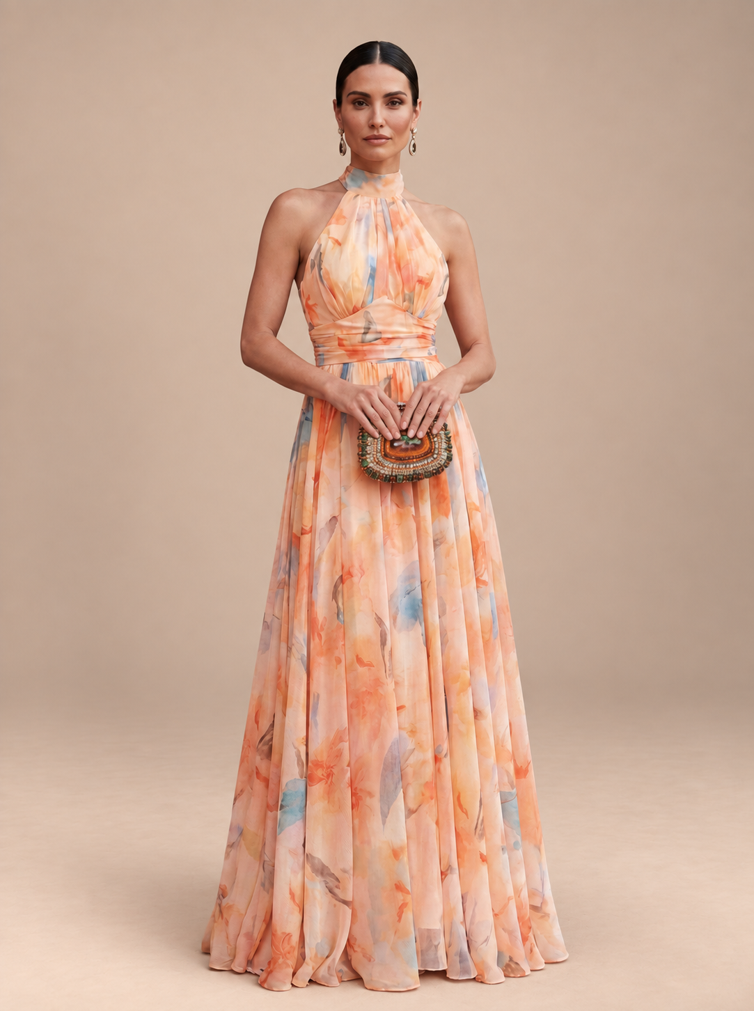 Vestido de Cuello Halter con Estampado de Acuarela