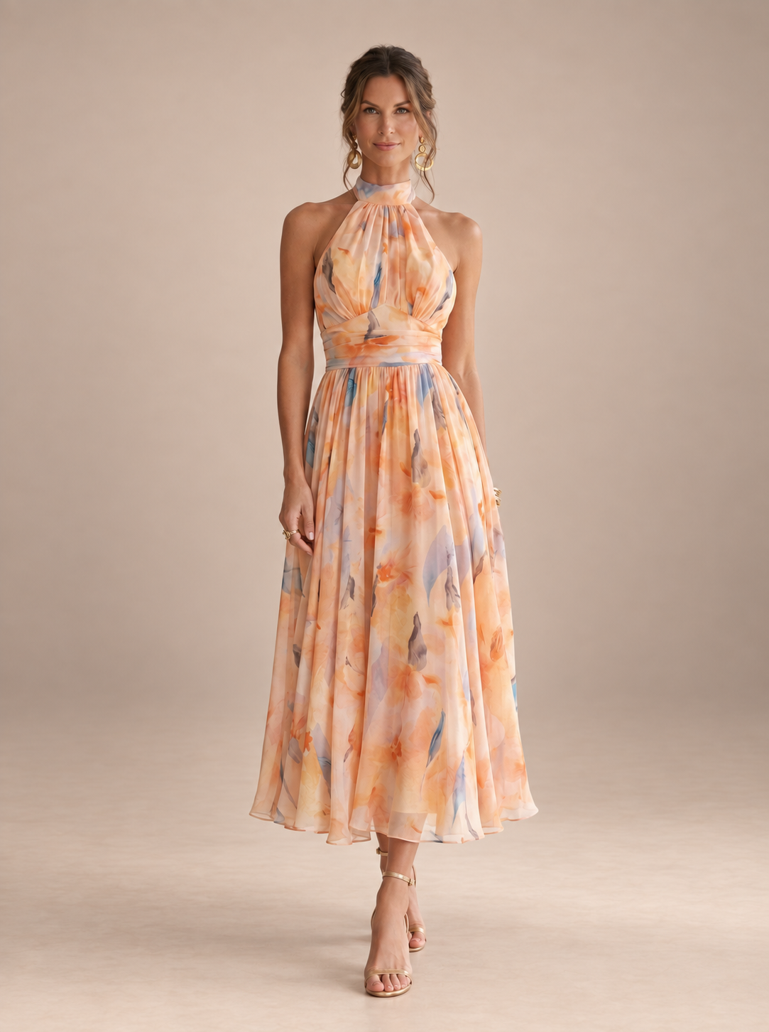Vestido de Cuello Halter con Estampado de Acuarela