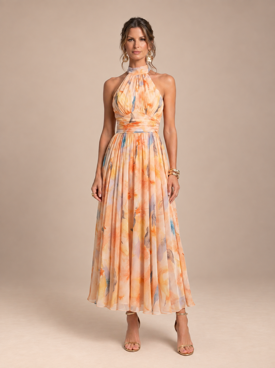 Vestido de Cuello Halter con Estampado de Acuarela