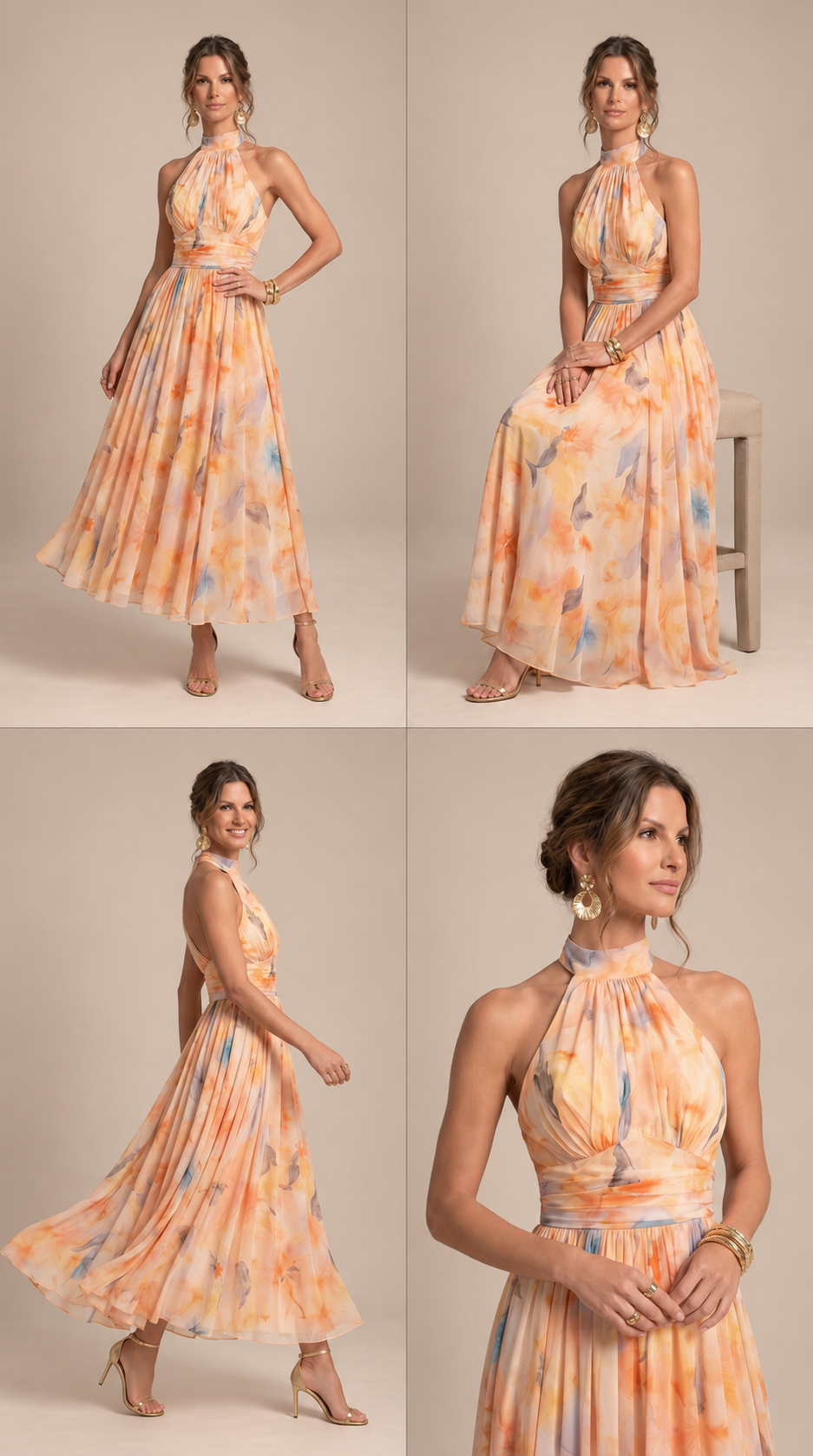 Vestido de Cuello Halter con Estampado de Acuarela