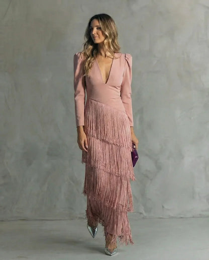 Clara™ | Vestido midi elegante con mangas de flecos